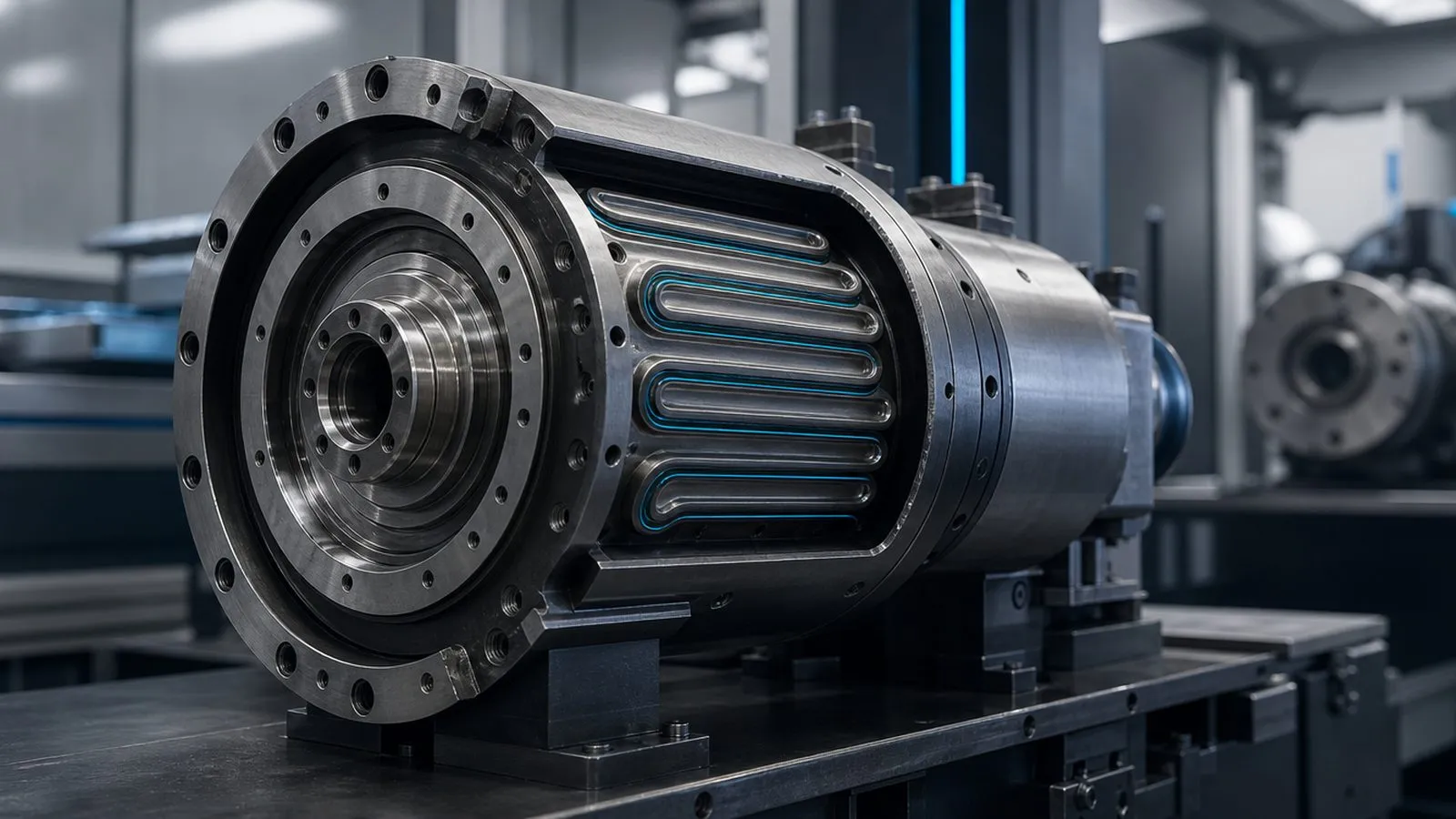 Kühlmantel einer Motorspindel mit sichtbaren Kühlkanälen