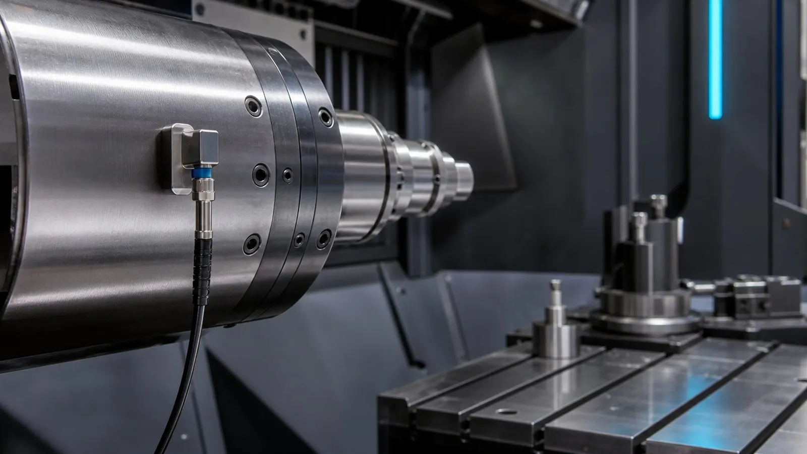 Beschleunigungssensor mit Magnetfuß am Spindelgehäuse bei der Schwingungsmessung
