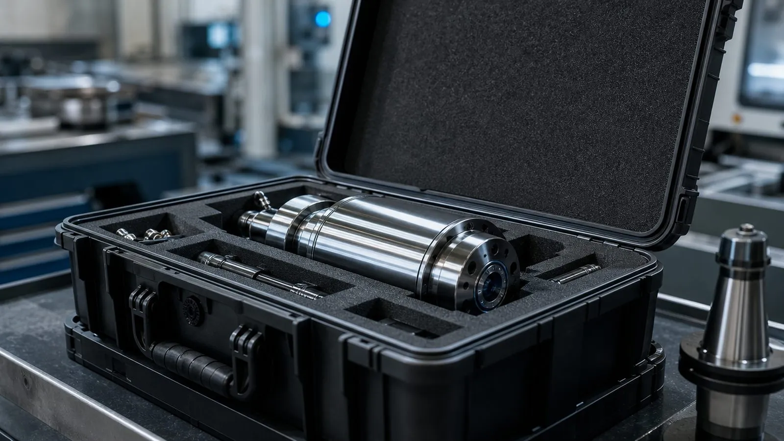 Spindel formschlüssig in einem Schaumstoff-Transportkoffer verpackt